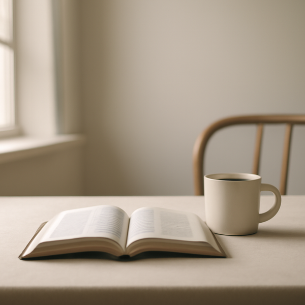 A calm still-life of an open Bible beside a simple mug and an empty chair in soft morning light.