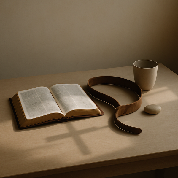 清晨柔光里，一本摊开的圣经放在木桌上，旁边静放一条旧皮带般的负担象征与一只素色杯子，桌面有淡淡十字形光影。