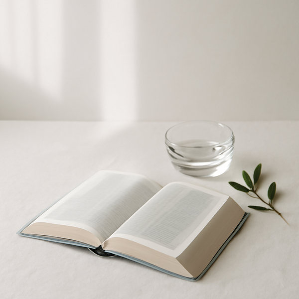 A calm still-life of an open Bible beside a small bowl of water and an olive branch in soft morning light.