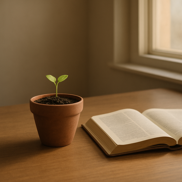 安静的清晨光线中，一只朴素的陶土花盆里有一株刚发芽的小绿苗，旁边放着打开的圣经（无可辨识文字），画面留白克制、无文字、无人物脸。
