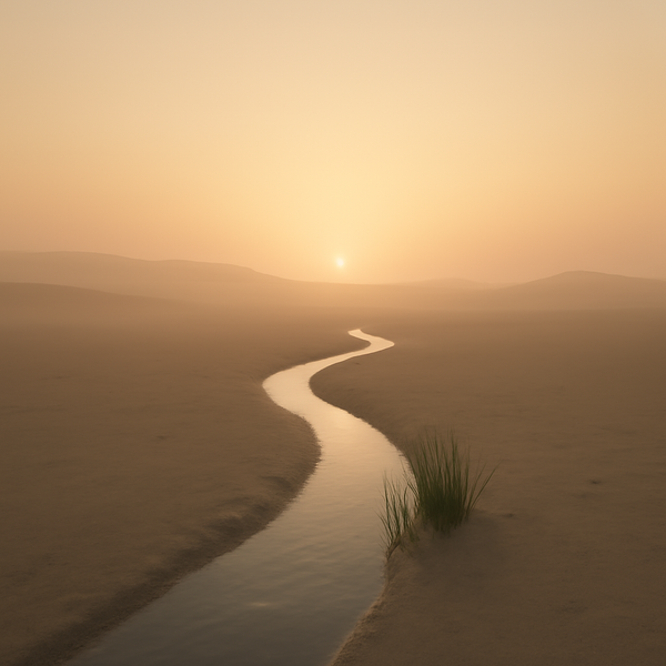 A quiet desert landscape at sunrise with a narrow path and a small stream reflecting warm light.