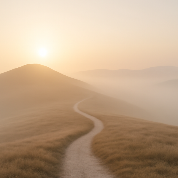 A quiet hillside at sunrise with a winding path in soft mist.
