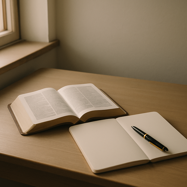 清晨柔光中，一本打开的圣经旁放着一本空白笔记本与一支钢笔，桌面留白克制，色调温暖中性，没有文字、没有人物或脸。