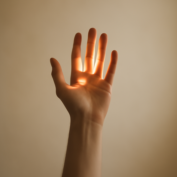 A calm, minimalist image showing a single hand reaching upward with light filtering through, symbolizing divine support and presence