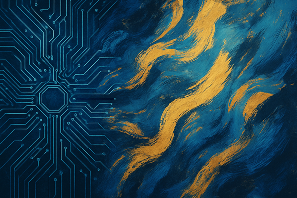 Abstract digital art showing a circuit board pattern merging with paintbrush strokes, representing the intersection of technology and creativity
