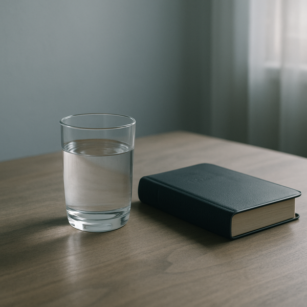 清晨柔和光线下，一杯清水放在木桌上，水面平静如镜，旁边有一本合上的圣经，画面简洁克制，留白充足，无文字无人物。
