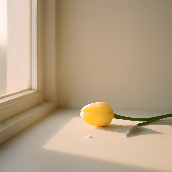 A minimalist still life of a single fresh flower bud on a windowsill with soft morning light streaming through, symbolizing new beginnings