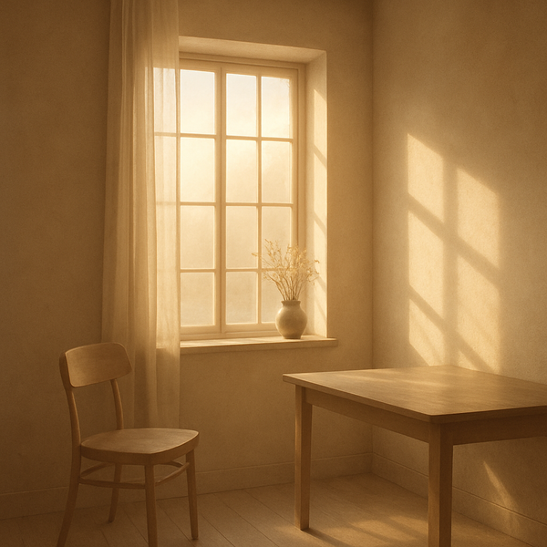 清晨的光线透过窗户，柔和温暖，象征新的开始和盼望