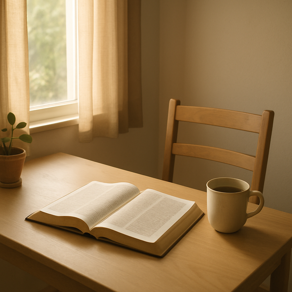 一个安静的书房角落，有打开的圣经和一杯茶，窗外是清晨的光线，象征在忙碌中找到安静聆听的时刻