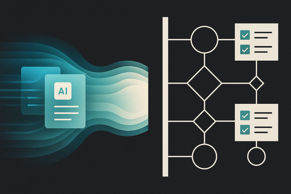 Minimal editorial illustration of layered AI model release waves colliding with enterprise workflow gates