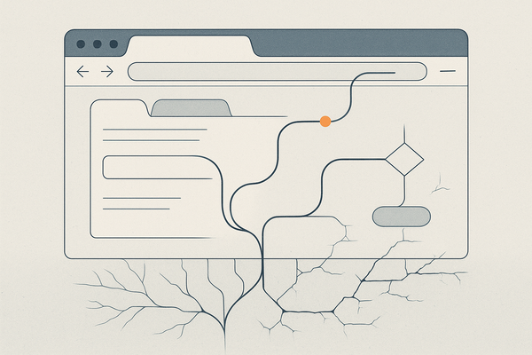 Minimal editorial illustration of an AI browser agent moving through polished interface windows with fragile branching paths beneath