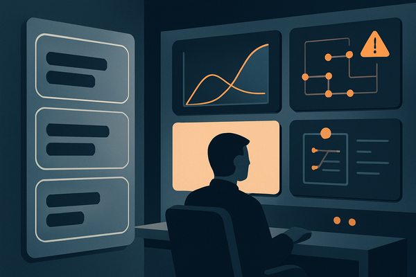 Minimal editorial illustration of AI benchmark dashboards contrasted with production monitoring and human review checkpoints