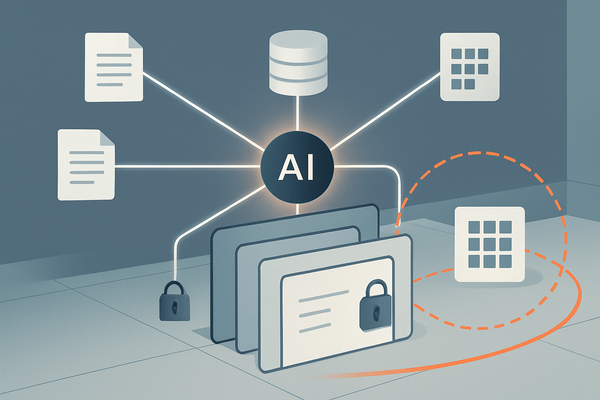 Abstract enterprise AI system connected to document repositories and business apps through layered permission gates and audit trails