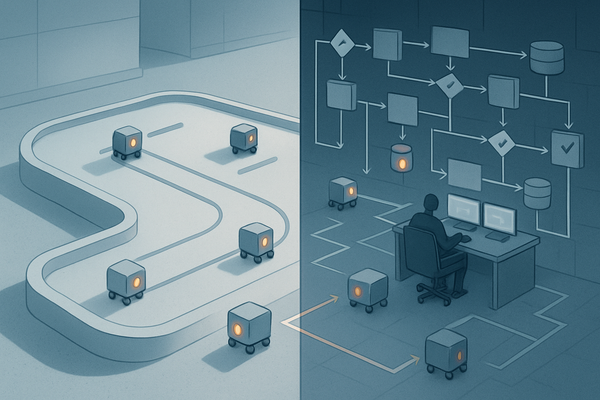 Abstract AI agents moving from a clean benchmark track into complex enterprise workflows with approval gates, traces, and review checkpoints