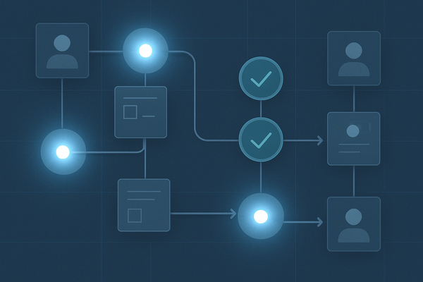 Minimal editorial illustration of AI agents moving work across a workflow map while human accountability checkpoints remain visible