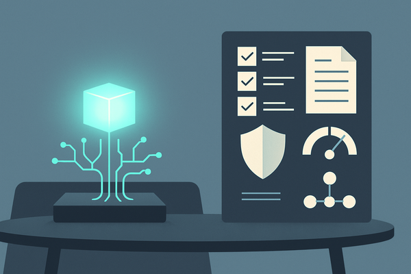 Minimal editorial illustration of an AI procurement board balancing a glowing pilot prototype with operational controls, contracts, and risk checkpoints