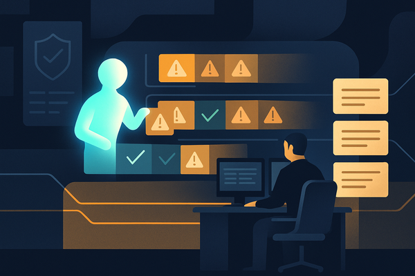 Minimal editorial illustration of an AI assistant triaging security alerts beside a human analyst, incident timeline, audit trail, and containment boundaries
