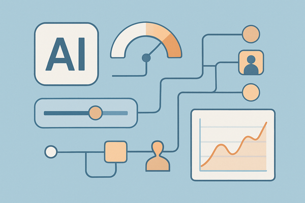 Editorial illustration of an AI operations dashboard showing model usage, budget controls, routing paths, and human review checkpoints