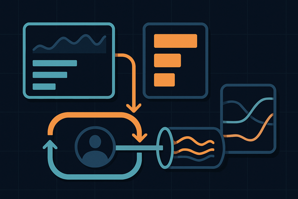 Editorial illustration of AI evaluation dashboards, feedback loops, model traces, and a human review checkpoint in a controlled production pipeline