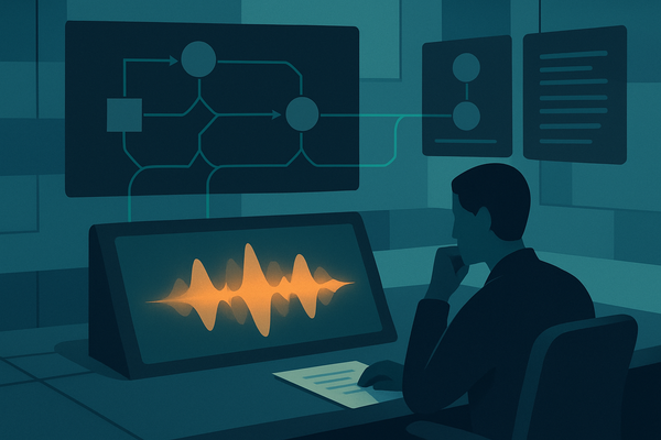 Editorial illustration of an AI voice agent console, call flow branches, escalation checkpoints, and a human operator reviewing live context