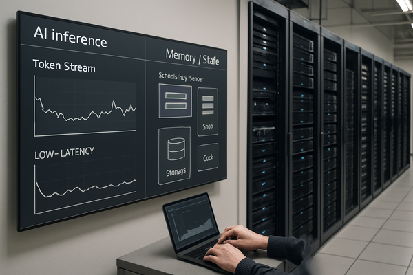 Data center operations scene showing fast inference streams, memory pipelines, scheduling queues, and cost meters without text or logos.