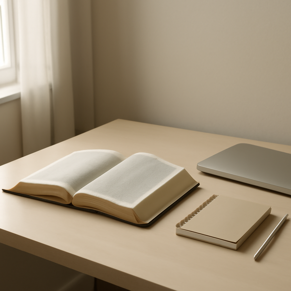 A calm desk still life with a closed laptop, notebook, and open Bible in soft morning light.