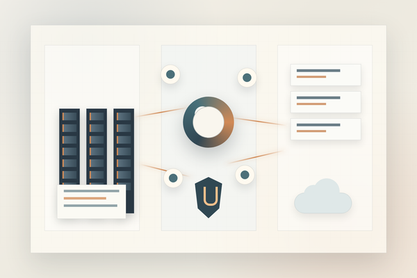Editorial infrastructure scene showing code repositories, governed data stores, on-prem racks, cloud nodes, and routing paths for coding agents.