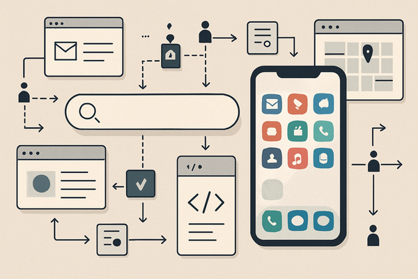 Editorial image of AI agents embedded across search, email, calendar, shopping, mobile, and developer tool surfaces, connected by permission and context paths.
