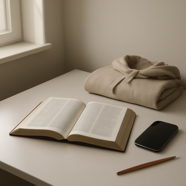 A calm desk still life with an open Bible, a plain hoodie, and a quiet phone in soft morning light.