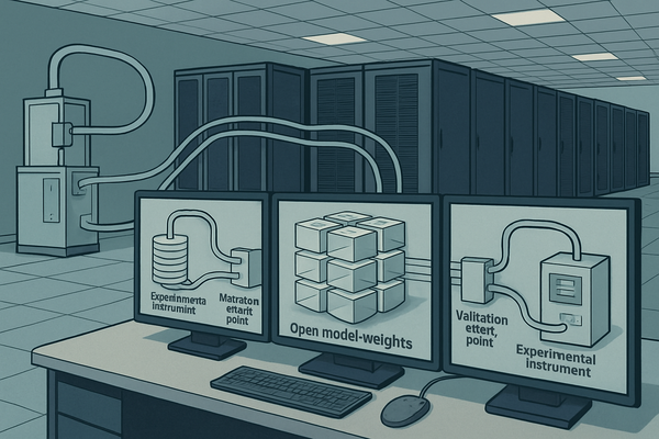 Scientific computing control room with open model weights, national lab data streams, and validation checkpoints connected to experimental instruments