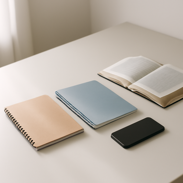 A calm desk with two closed notebooks, a phone face down, and an open Bible in soft morning light.