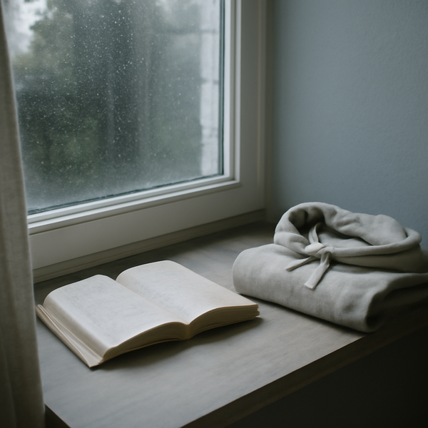 A calm windowsill with an open Bible, a folded hoodie, and soft rain light outside.