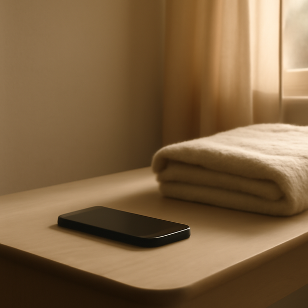 A quiet phone on a bedside table beside a soft folded blanket and warm morning light.