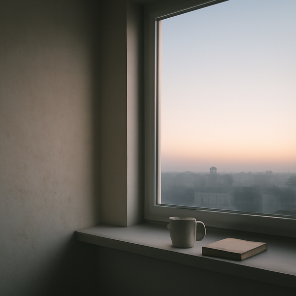 A quiet apartment window at dawn with soft light above a low skyline.