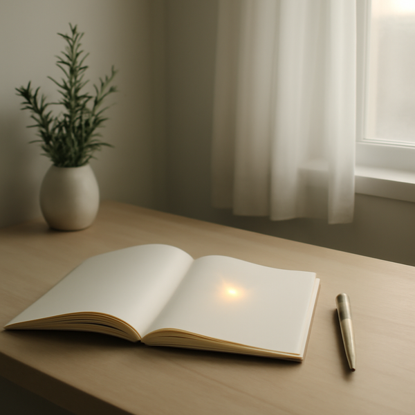 A quiet desk with a simple open notebook, soft morning light, and wide negative space.
