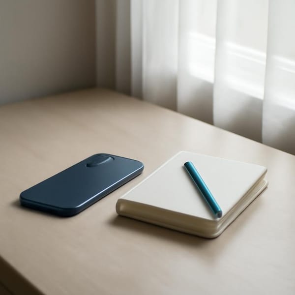 A phone face down beside a notebook and pen in soft morning light.