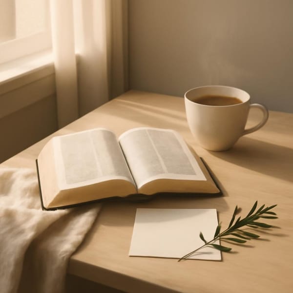 清晨窗边的圣经、茶杯、亚麻布和空白纸条，表达把忧虑卸给顾念人的主。