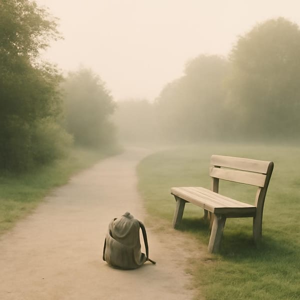 A quiet open path beside a simple bench with soft morning light and clear negative space.