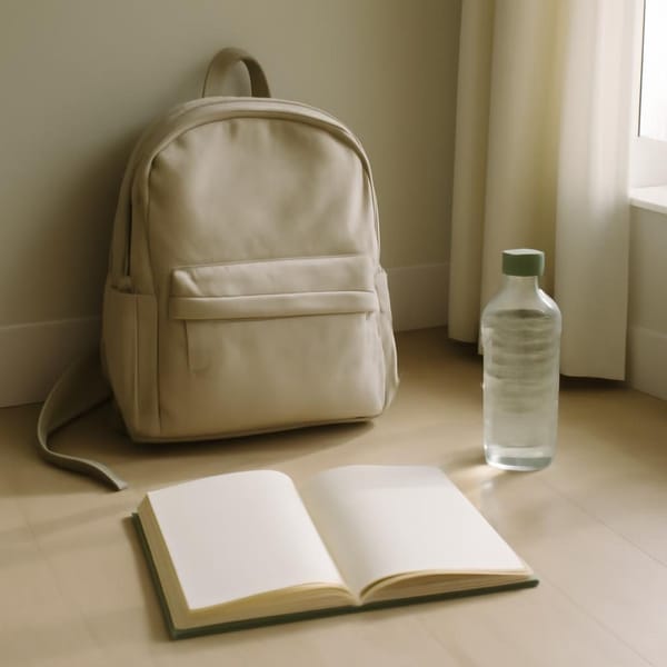 A backpack beside an open notebook and water bottle in soft morning light.