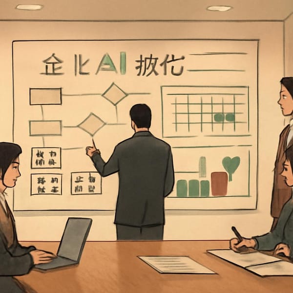 企业 AI 部署现场，呈现流程梳理、系统接入、培训认证与上线复盘