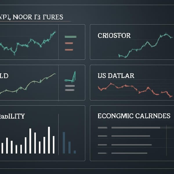 Abstract market dashboard with index, crude oil, gold, dollar, and calendar risk lanes.