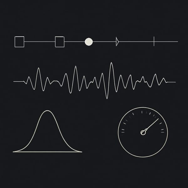 Abstract linework of an execution timeline with fill markers, adverse print pulses, and a timing-surprise telemetry gauge.