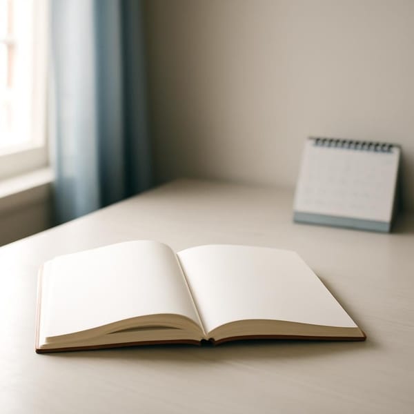 A calm morning desk with one open journal, soft light, and a closed calendar in the background.