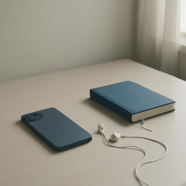 A phone placed face down beside earbuds, a small notebook, and soft morning window light.
