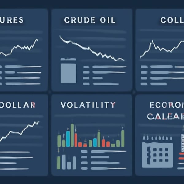 Abstract institutional futures dashboard with index, crude oil, gold, dollar, volatility, and calendar lanes.