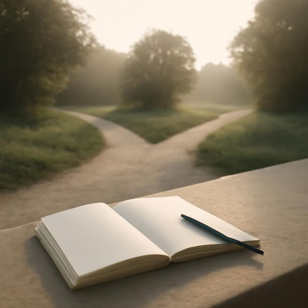 A calm forked walking path in soft morning light with an open notebook and pen resting near the foreground.