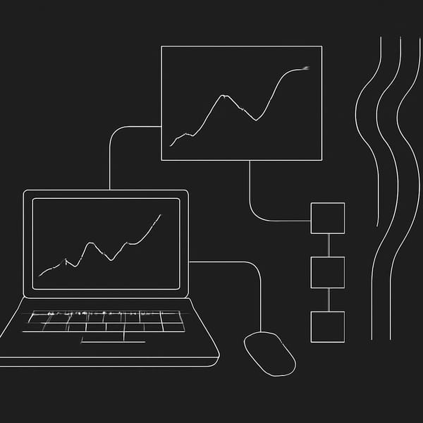 Abstract linework of an investment AI workflow connecting model graphs, evidence nodes, and market data streams.