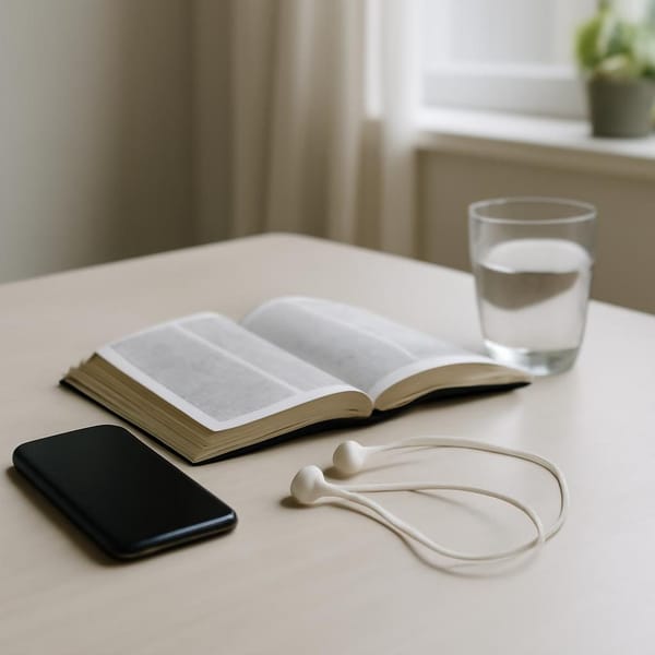 A phone face down beside an open Bible, earbuds, and a glass of water on a quiet desk.