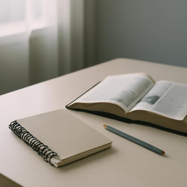 A notebook, pencil, bookmark, and open Bible on a quiet school desk.