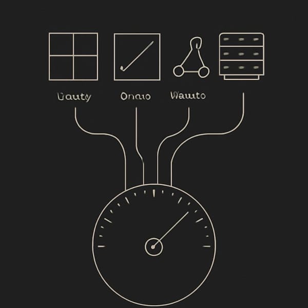 Abstract linework showing equity, credit, and venture exposures converging into one AI factor gauge